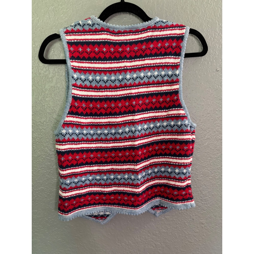 Lizwear Fair Isle Sweater Vest Size Small Red Blue Cotton Knit Button Front - Picture 2 of 4